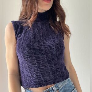 525 America Purple Turtle Neck Cropped Sleeveless Ribbed Top